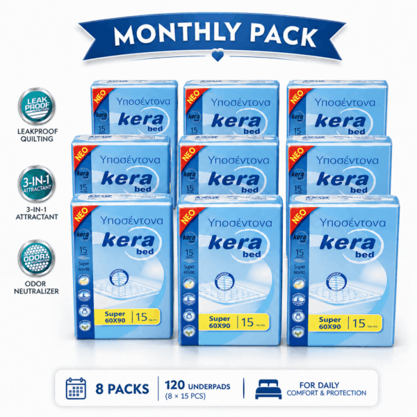 Υποσέντονα Kera Bed Super 60×90 Monthly Pack 120 τεμ. (8×15) – Monthly Pack: 8 συσκευασίες × 15 υποσέντονα = 120 τεμάχια.