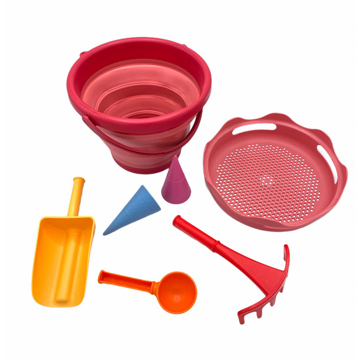 7in1 SAND TOYS - PINK Κουβαδάκι + Φτυαράκια Παραλίας (Σετ 7τμχ) CompacToys Red - Image 1