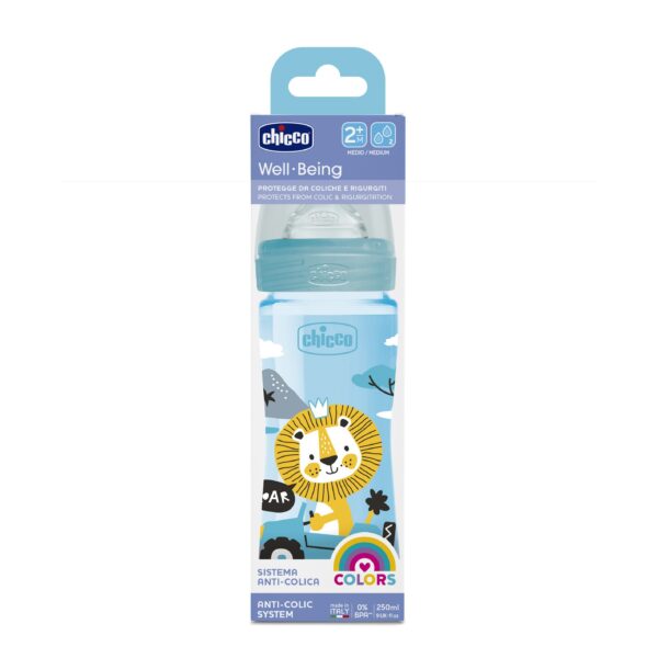 Chicco Πλαστικό Μπιμπερό Well Being Κατά των Κολικών Με Θηλή Σιλικόνης Μπλε 250ml Για 2+ Μηνών - Image 1