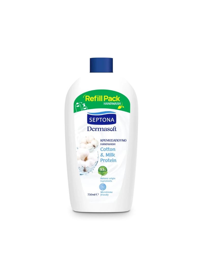 Septona Dermasoft Cotton & Milk Protein Ανταλλακτικό Υγρό Κρεμοσάπουνο με Βαμβάκι & Πρωτεΐνη Γάλακτος, 750ml Septona Dermasoft Cotton & Milk Protein Ανταλλακτικό Υγρό Κρεμοσάπουνο με Βαμβάκι & Πρωτεΐνη Γάλακτος, 750ml - Image 1