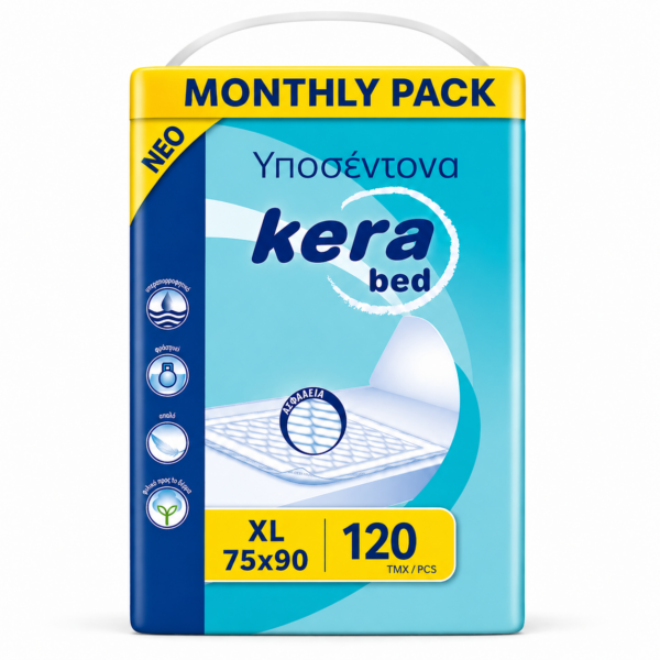 Υποσέντονα Kera Bed XL 75×90 Monthly Pack 120 τεμ. (4×30) – Monthly Pack: 4 συσκευασίες × 30 υποσέντονα XL = 120 τεμάχια.