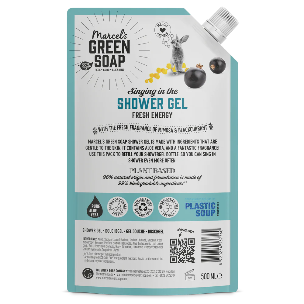 Marcel's Green Soap – Ανταλλακτικό Αφρόλουτρο Μιμόζα & Μαύρη Σταφίδα Για επαναγέμιση του αφρόλουτρου Mimosa & Blackcurrant. Με το φρουτώδες και δροσιστικό άρωμα της Μιμόζας και της Μαύρης Σταφίδας. Εμπλουτισμένο με αλόη βέρα και φυτική γλυκερίνη για επιπλέον ενυδάτωση και απαλότητα. Περιεχόμενο: 500 ml Άρωμα Feel Good που κάνει το ντους μια απολαυστική εμπειρία Ανακυκλώσιμη συσκευασία Χωρίς μικροπλαστικά (σύμφωνα με τον ορισμό του ECHA) Vegan 93,45% φυσικά συστατικά Οικολογικό αφρόλουτρο Το αφρόλουτρο της Marcel's Green Soap έχει δημιουργηθεί με σεβασμό προς τον πλανήτη. Η συσκευασία είναι κατασκευασμένη από 100% ανακυκλωμένο πλαστικό και μπορεί να ξαναγεμιστεί με τα ανταλλακτικά σακουλάκια. Η φόρμουλα είναι χωρίς μικροπλαστικά και περιέχει τουλάχιστον 93,45% φυσικά συστατικά (σύμφωνα με το πρότυπο ISO16128). Συστατικά Aqua, Sodium Laureth Sulfate, Sodium Chloride, Glycerin, Cocamidopropyl Betaine, Parfum, Sodium Benzoate, Aloe Barbadensis Leaf Juice, Citric Acid, Potassium Sorbate, Hexyl Cinnamal, Limonene, Hydroxycitronellal, Sodium Hydroxide, Propylene Glycol. Marcel's Green Soap Αφρόλουτρο - Μιμόζα & Μαύρη Σταφίδα - Ανταλλακτικό - 500 ml - Image 2