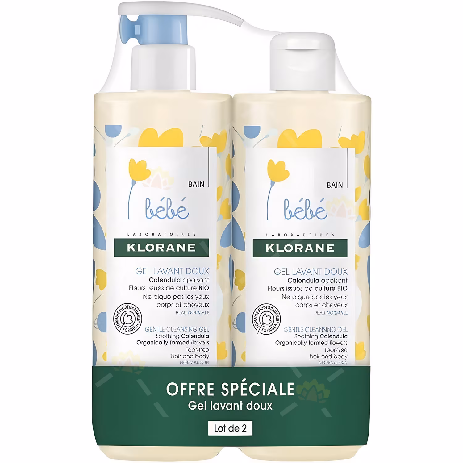 Klorane Bébé Gentle Cleansing Gel με Καλέντουλα (Calendula) – 2x500ml (500ml με Αντλία + 500 ml χωρις αντλια) Klorane Gel Καθαρισμού 500ml με Αντλία + 500 ml χωρις αντλια - Image 1