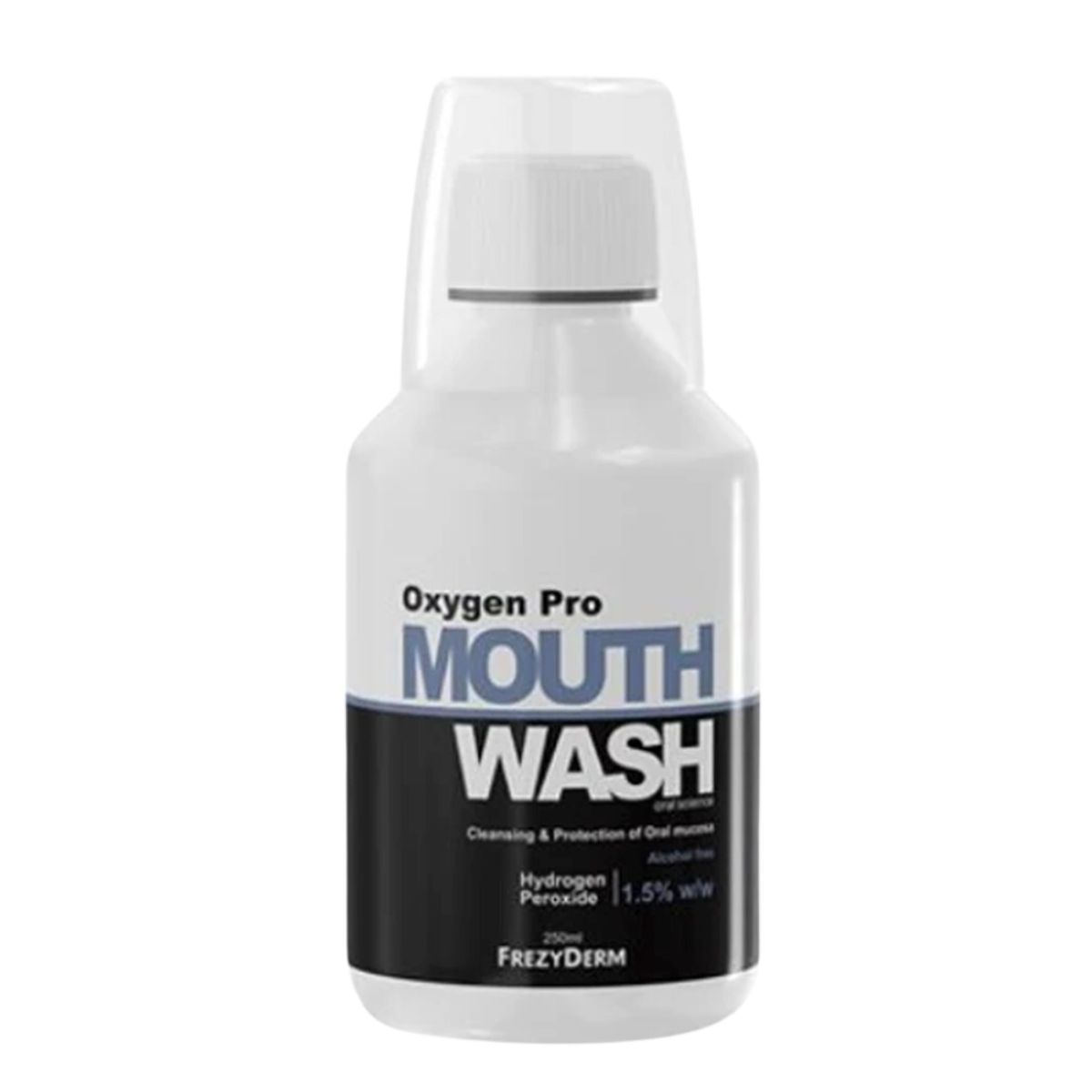 Frezyderm Mouthwash Oxygen Pro Στοματικό Διάλυμα Με Ενεργό Οξυγόνο, Βιονεργό Πεπτίδιο & Υαλουρονικό Οξύ Στοματικό διάλυμα με ενεργό οξυγόνο, βιοενεργό πεπτίδιο και υαλουρονικό οξύ, χωρίς αλκοόλη, με υπεροξείδιο του υδρογόνου 1,5% w/w. Hydrogen Peroxide (1,5% w/w) σε συνδυασμό με Cymenol: Μηχανική απομάκρυνση των υπολειμμάτων των τροφών και της μικροβιακής πλάκας από τα δόντια, τα ούλα, τα μεσοδόντια διαστήματα, τα εμφυτεύματα και τους ορθοδοντικούς μηχανισμούς. Άμεση προστασία από την ανάπτυξη των μικροβίων που οδηγούν στην τερηδόνα, ουλίτιδα και περιοδοντίτιδα. Υαλουρονικό οξύ: Ενυδάτωση και επούλωση του στοματικού βλεννογόνου. Βιοενεργό πεπτίδιο: Αναπλαστική δράση ενάντια στις αλλοιώσεις των δοντιών, που προκαλεί η συσσώρευση της μικροβιακής πλάκας. ΧΡΗΣΗ Κάντε πλύση με 10ml στοματικού διαλύματος χρησιμοποιώντας τον ειδικό δοσομετρητή, χωρίς να το αραιώνετε, για τουλάχιστον 1 λεπτό και αποπτύστε. ΠΡΟΦΥΛΑΞΕΙΣ Να μην καταπίνεται. Να αποθηκεύεται σε δροσερό, σκοτεινό και ξηρό χώρο (15-25°C). Frezyderm Oxygen Pro στοματικο διαλυμμα καθημερινης προστασιας κατα της πλακας 250ml - Image 1