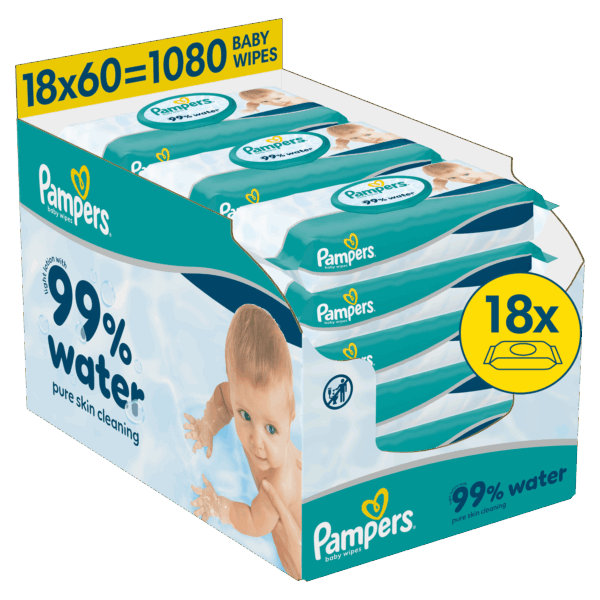 Pampers 99% Water Μωρομάντηλα 18 Συσκευασίες x 60 Μωρομάντηλα (1080 τεμάχια) e-box