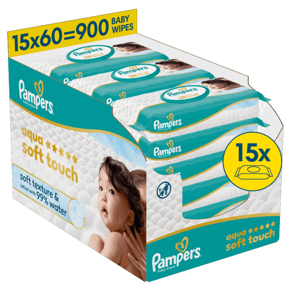 Pampers  Aqua Soft Touch Μωρομάντηλα   15 Συσκευασίες x 60 Μωρομάντηλα (900 Τεμάχια) e-box