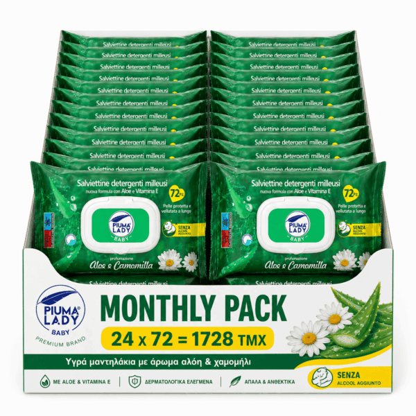 PIUMA LADY BABY– Υγρά μαντηλάκια με άρωμα αλόη   χαμομήλι, MONTHLY PACK 72 τεμάχια x 24 (1728τμχ)