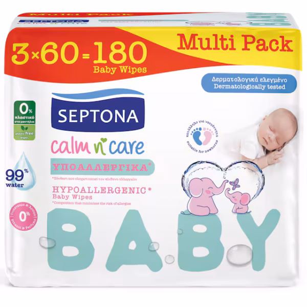 Septona calm n care υποαλλεργικα μωρομαντηλα με 99% νερο 3χ60 180 μωρομαντηλα