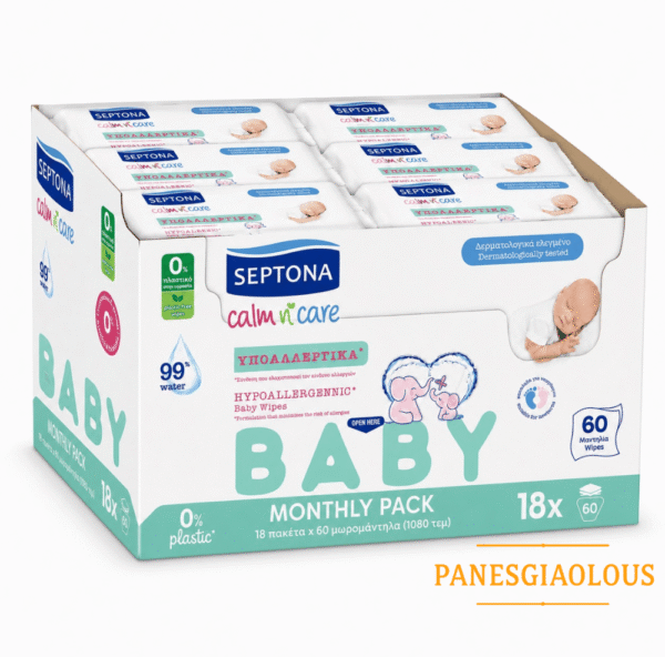 Septona calm n care υποαλλεργικα μωρομαντηλα με 99% νερο Monthly Pack 18×60τμχ 1080 μωρομαντηλα