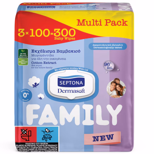 Septona Μωρομάντηλα Dermasoft Family Εκχύλισμα Βαμβακιού με καπακι 3×100 Τεμάχια
