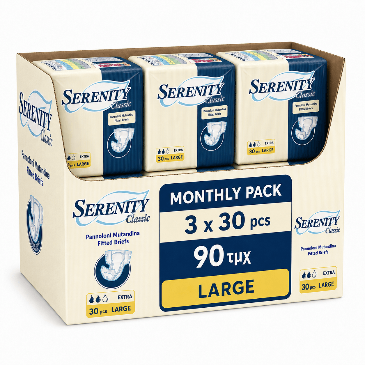 Serenity Classic Large Πάνες Ακράτειας Monthly Pack 3x30τμχ – 90τμχ Serenity Classic Large Πάνες Ακράτειας Monthly Pack 3x30τμχ – 90τμχ - Image 1