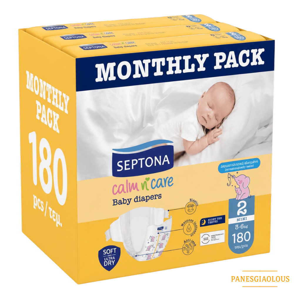 Septona παιδικες πανες Monthly pack mini 3-6kg No2 (6x30 τμχ) 180 πανες Septona παιδικες πανες Monthly pack mini 3-6kg No2 180 πανες - Image 1