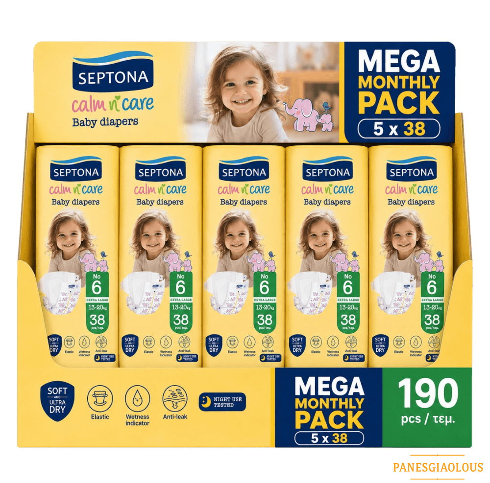 Septona παιδικες πανες mega monthly pack xlarge 13-20kg No6 190 πανες-3 Septona παιδικες πανες mega monthly pack xlarge 13-20kg No6 190 πανες - Image 1