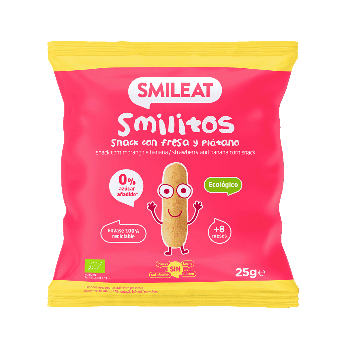 Smileat, Snack Καλαμποκιού Smilitos, με Φρούτα, Βιολογικής Προέλευσης με Έξτρα Παρθένο Ελαιόλαδο, Φράουλα- Μπανάνα, Χωρίς Γλουτένη, 25gr Smileat, Snack Καλαμποκιού Smilitos, με Φρούτα, Βιολογικής Προέλευσης με Έξτρα Παρθένο Ελαιόλαδο, Φράουλα- Μπανάνα, Χωρίς Γλουτένη, 25gr - Image 1