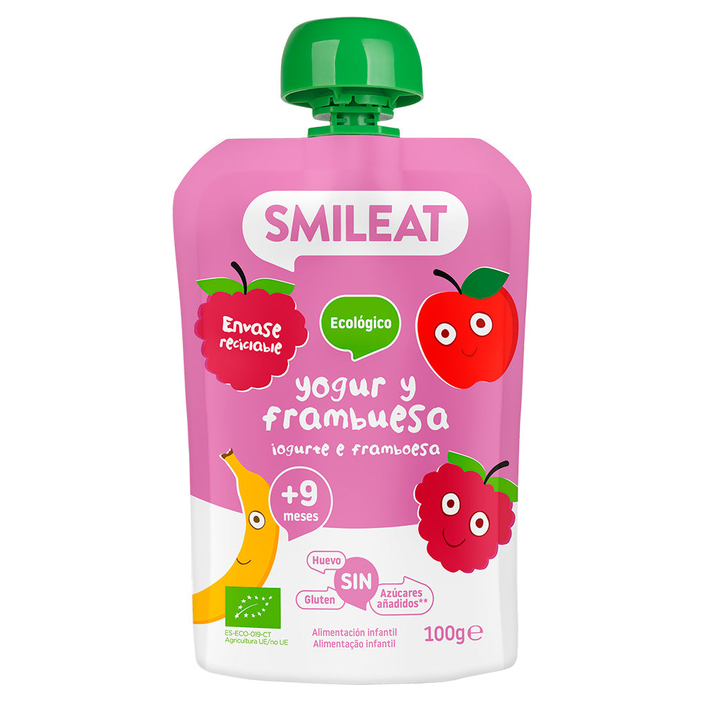 Smileat, Πουρές Φρούτων σε Pouch, Βιολογικής Προέλευσης, Γιαούρτι και Raspberry, Χωρίς Γλουτένη, 100gr. Smileat, Πουρές Φρούτων σε Pouch, Βιολογικής Προέλευσης, Γιαούρτι και Raspberry, Χωρίς Γλουτένη, 100gr - Image 1