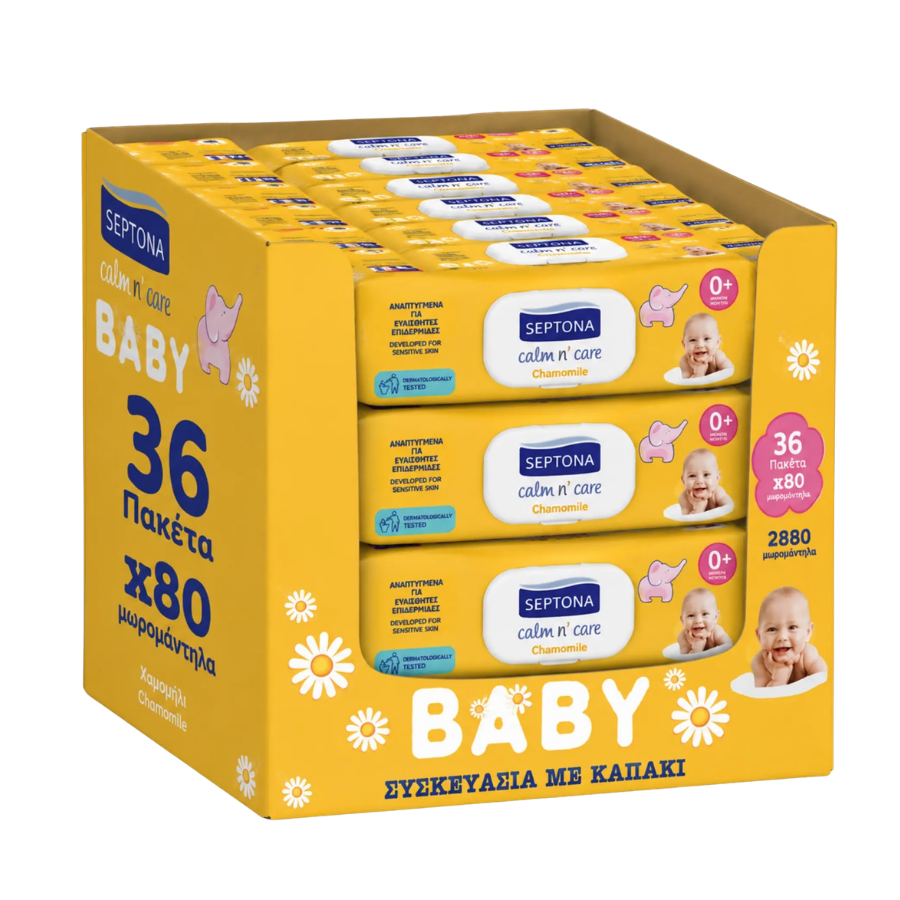 Septona Calm n’ Care Baby Mega Monthly Pack Απαλά Μωρομάντηλα με Χαμομήλι , με καπάκι 36πακ x 80τμχ