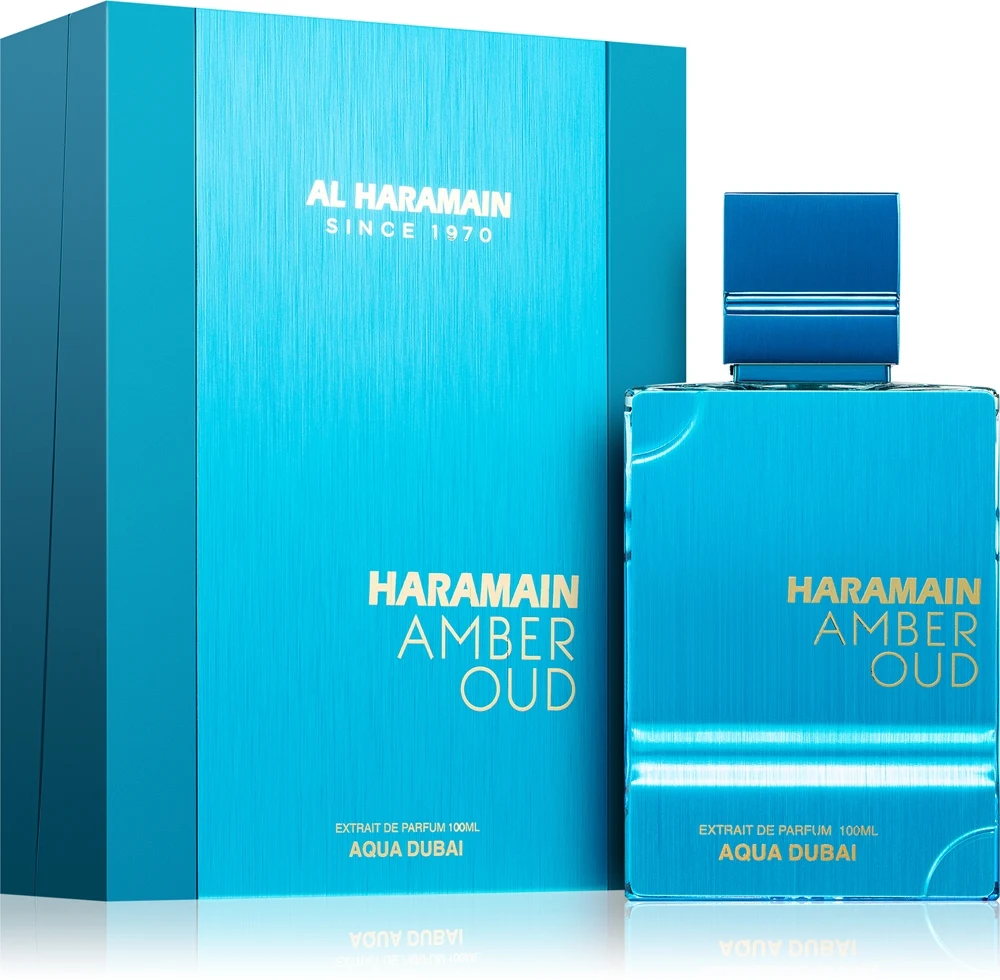 Al Haramain Amber Oud Aqua Dubai – το μπουκάλι των 100ml με το τιρκουάζ κουτί του