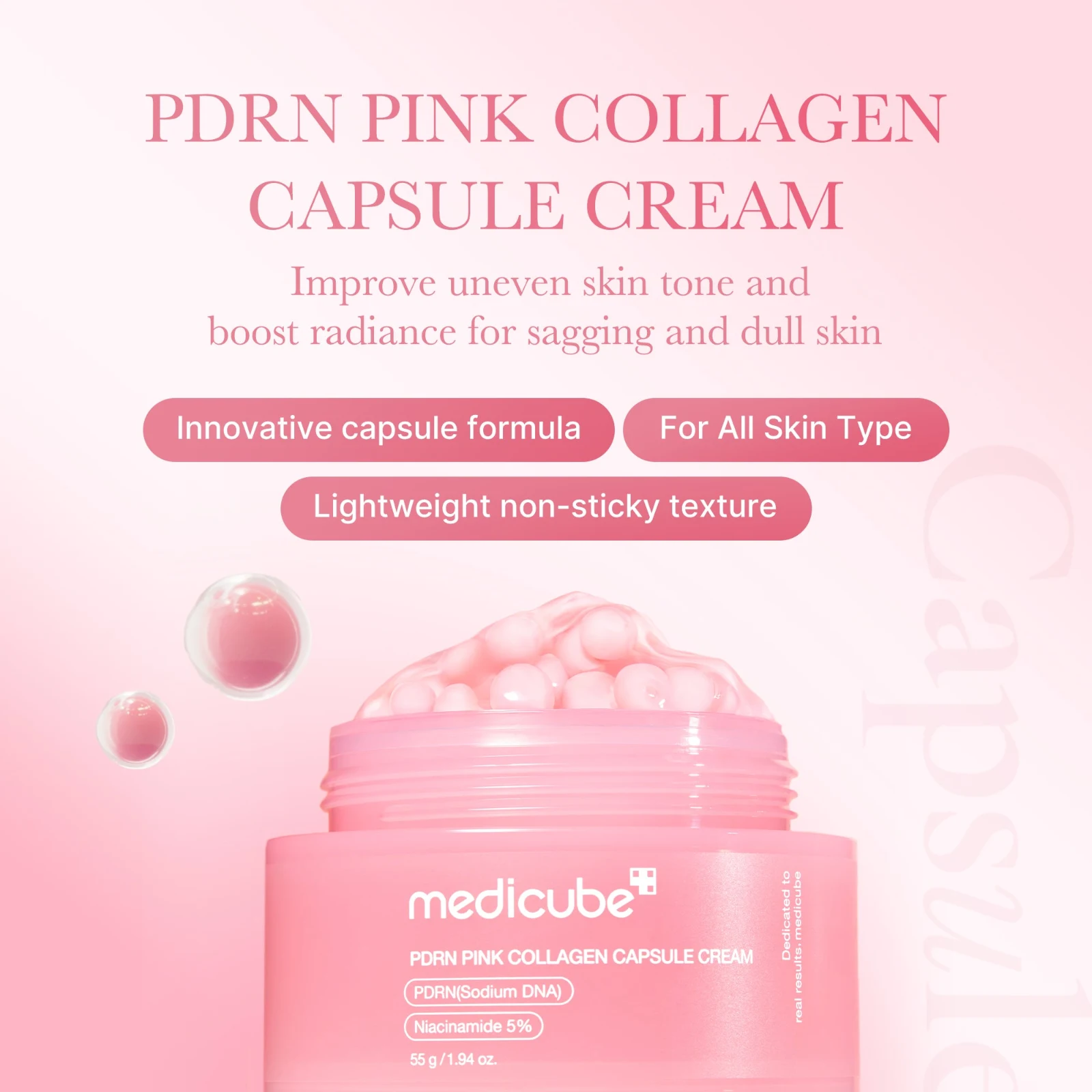 Medicube PDRN Pink Collagen Capsule Cream – το βάζο των 55gr με τις ροζ κάψουλες PDRN