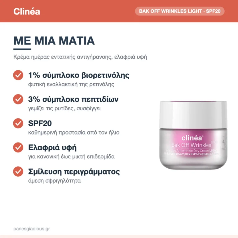Clinéa Bak Off Wrinkles Light Αντιγηραντική Κρέμα Προσώπου Ημέρας SPF20 με Βιορετινόλη, Πεπτίδια & Πρεβιοτικά 50ml – με μια ματιά
