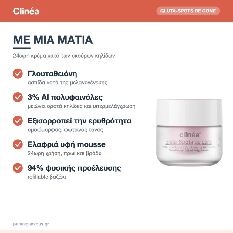 Clinéa Gluta-Spots Be Gone 24ωρη Κρέμα Προσώπου κατά Πανάδων για Λάμψη & Ερυθρότητα με Γλουταθειόνη & Νιασιναμίδη 50ml – με μια ματιά