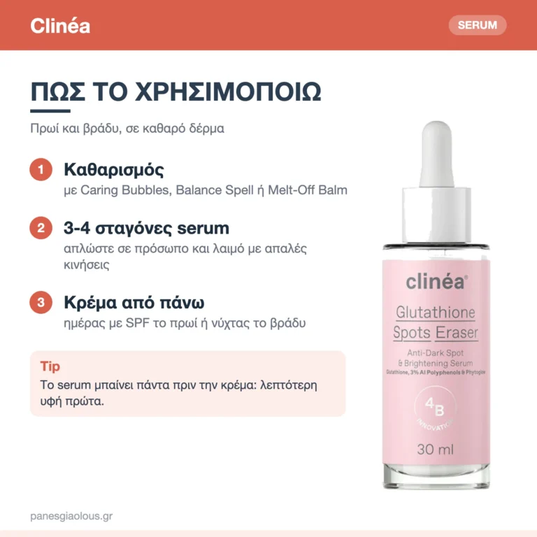 Clinéa Glutathione Spots Eraser Serum Προσώπου κατά Κηλίδων με Γλουταθειόνη & Υαλουρονικό για Λάμψη 30ml – πώς χρησιμοποιείται