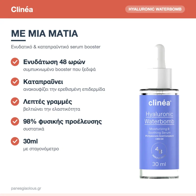 Clinéa Hyaluronic Waterbomb Ενυδατικό & Καταπραϋντικό Serum Booster Προσώπου με Υαλουρονικό Οξύ 30ml – με μια ματιά
