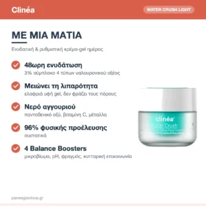 Clinéa Water Crush Light 48ωρη Ενυδατική & Ρυθμιστική Κρέμα Προσώπου Ημέρας με Υαλουρονικό Οξύ & Πρεβιοτικά 50ml – με μια ματιά