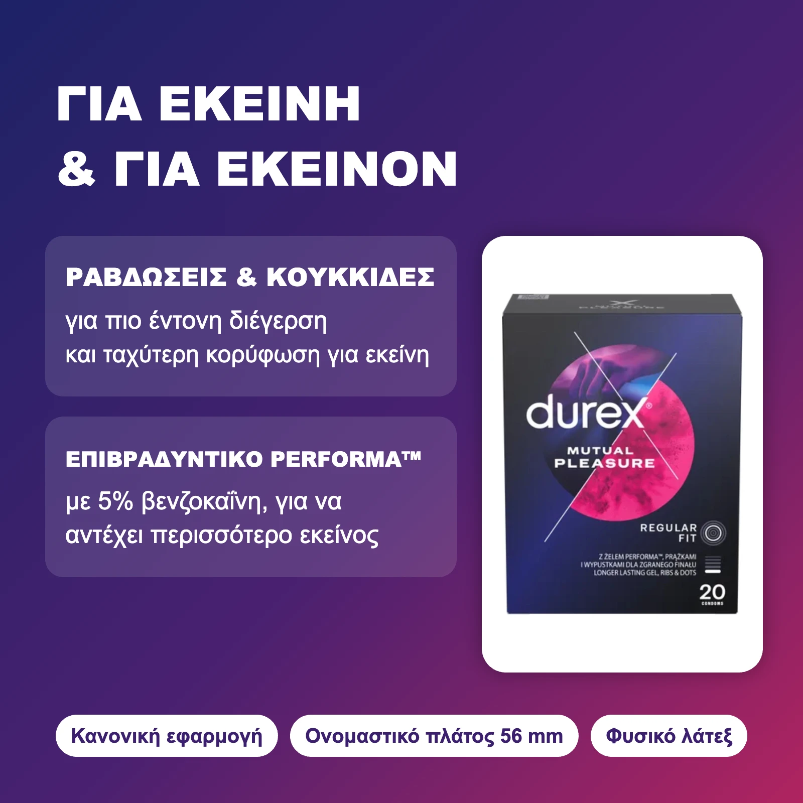 Durex Mutual Pleasure – ραβδώσεις και κουκκίδες για εκείνη, επιβραδυντικό Performa με 5% βενζοκαΐνη για εκείνον