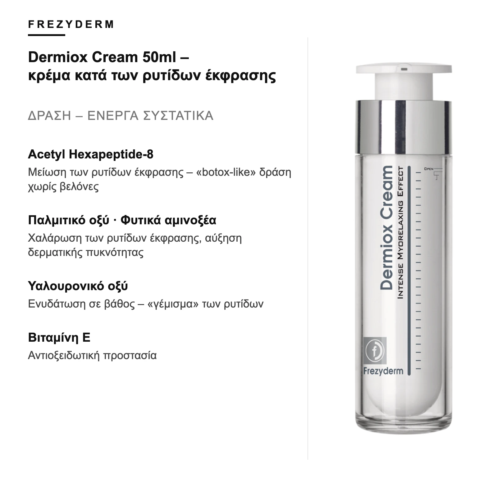 Δράση και ενεργά συστατικά – Frezyderm Dermiox Cream 50ml – κρέμα κατά των ρυτίδων έκφρασης