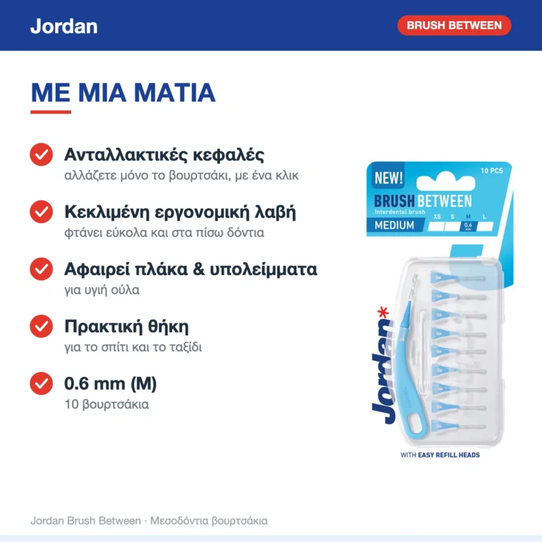 Jordan Brush Between Μεσοδόντια Βουρτσάκια με Λαβή 0.6mm Medium 10τμχ – με μια ματιά