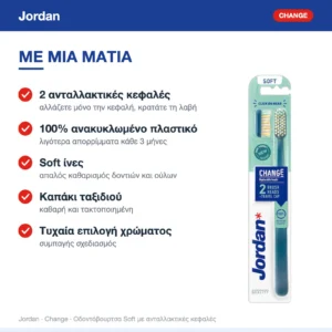 Jordan Change Οδοντόβουρτσα Soft με 2 Ανταλλακτικές Κεφαλές από Ανακυκλωμένο Πλαστικό (Τυχαία Επιλογή) – με μια ματιά