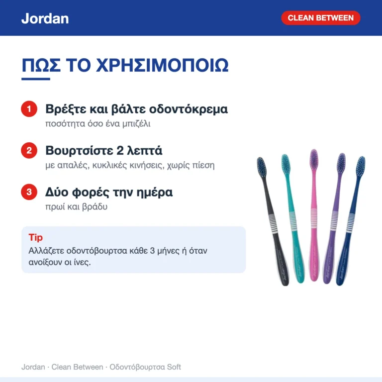 Jordan Clean Between Οδοντόβουρτσα Soft (Τυχαία Επιλογή Χρώματος) – τρόπος χρήσης