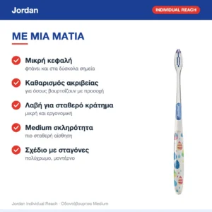 Jordan Individual Reach Οδοντόβουρτσα Medium Πολύχρωμες Σταγόνες – με μια ματιά