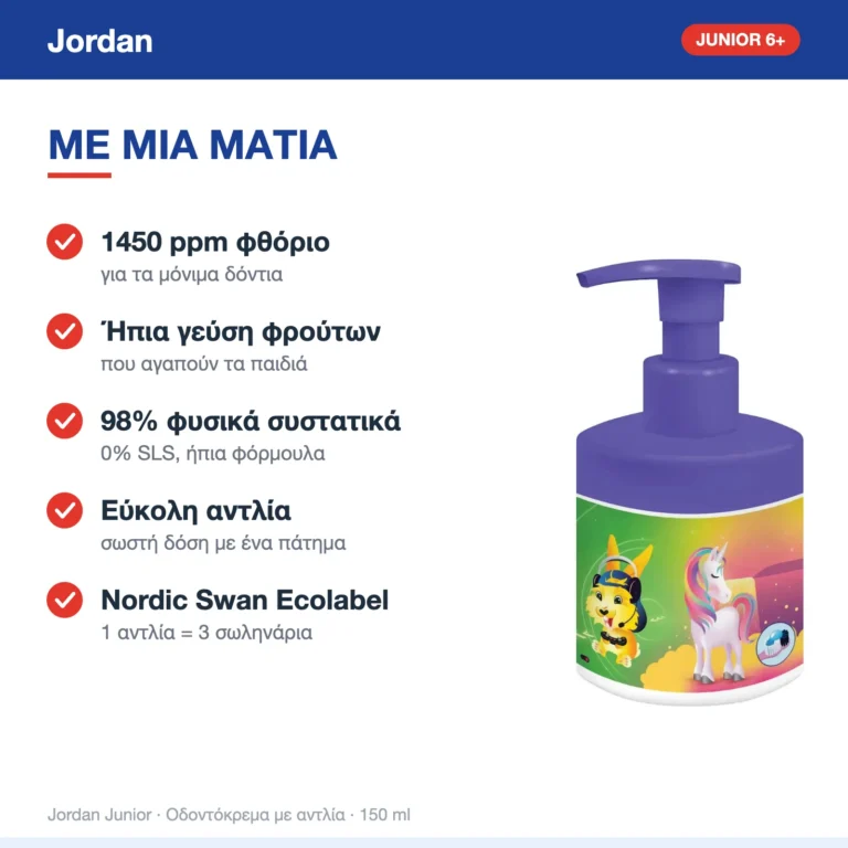 Jordan Junior Παιδική Οδοντόκρεμα με Αντλία 6+ Ετών με Γεύση Φρούτων 150ml – με μια ματιά