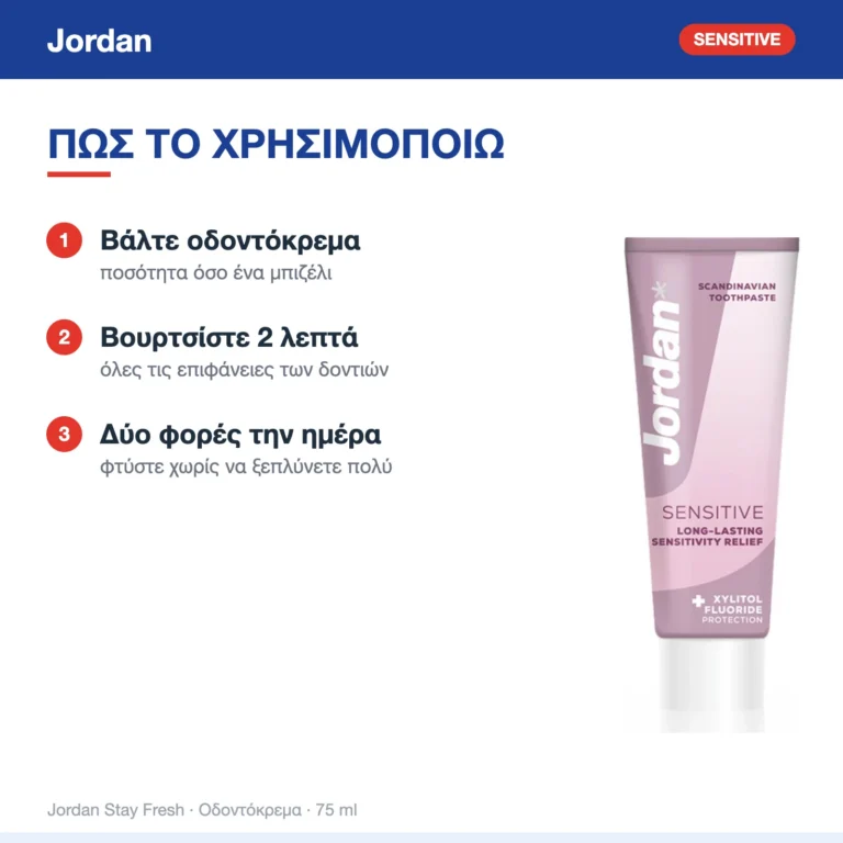 Jordan Stay Fresh Sensitive Οδοντόκρεμα για Ευαίσθητα Δόντια 75ml – τρόπος χρήσης