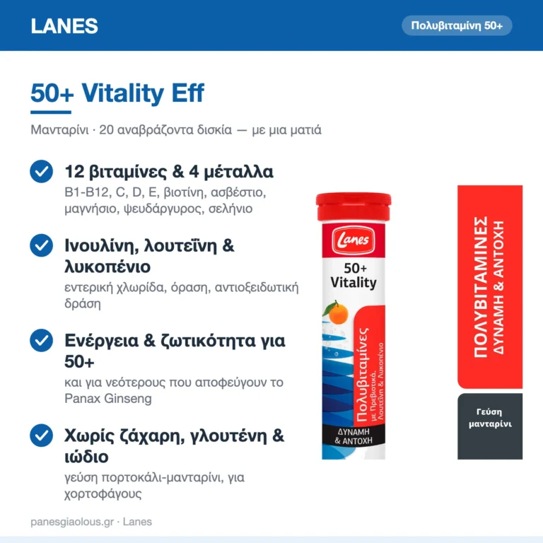 Lanes 50+ Vitality Πολυβιταμίνη για Ενέργεια Μανταρίνι 20 αναβράζοντα δισκία – με μια ματιά