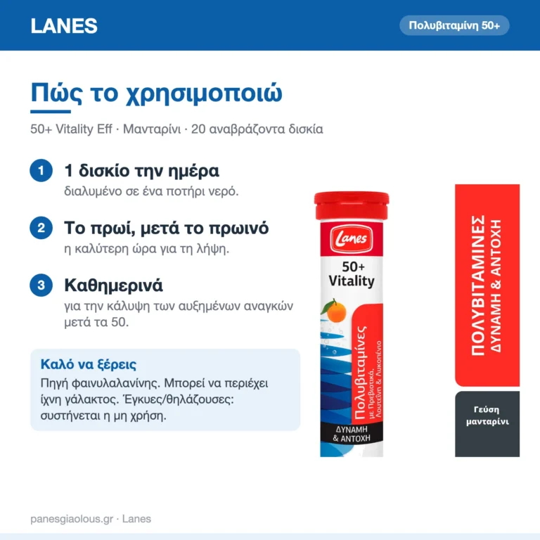 Lanes 50+ Vitality Πολυβιταμίνη για Ενέργεια Μανταρίνι 20 αναβράζοντα δισκία – πώς χρησιμοποιείται