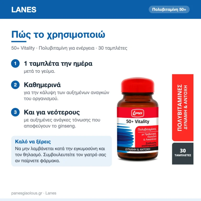Lanes 50+ Vitality Πολυβιταμίνη για Ενέργεια 30 ταμπλέτες – πώς χρησιμοποιείται