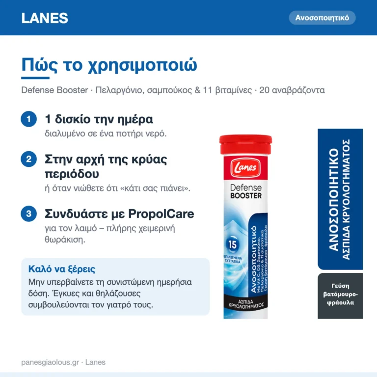 Lanes Defense Booster Συμπλήρωμα για την Ενίσχυση του Ανοσοποιητικού 20 αναβράζοντα δισκία – πώς χρησιμοποιείται