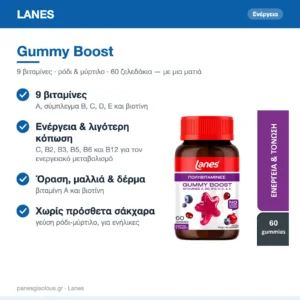 Lanes Gummy Boost Πολυβιταμίνη για Ενέργεια Ρόδι & Μύρτιλο 60 ζελεδάκια – με μια ματιά