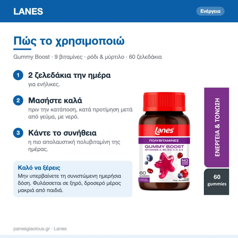 Lanes Gummy Boost Πολυβιταμίνη για Ενέργεια Ρόδι & Μύρτιλο 60 ζελεδάκια – πώς χρησιμοποιείται