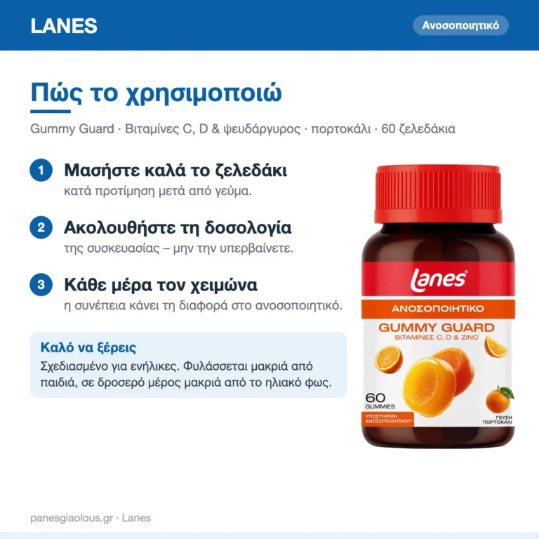 Lanes Gummy Guard Πολυβιταμίνη για Ενίσχυση του Ανοσοποιητικού με Βιταμίνες C, D & Ψευδάργυρο Πορτοκάλι 60 ζελεδάκια – πώς χρησιμοποιείται