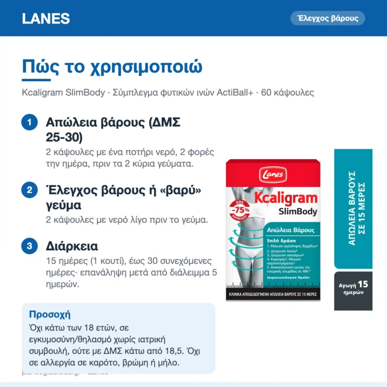 Lanes Kcaligram SlimBody Συμπλήρωμα για Απώλεια Βάρους 60 κάψουλες – πώς χρησιμοποιείται