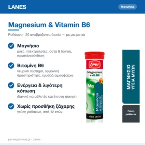 Lanes Magnesium & Vitamin B6 Μαγνήσιο με Βιταμίνη Β6 Ροδάκινο 20 αναβράζοντα δισκία – με μια ματιά