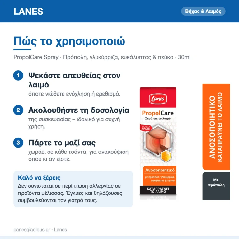 Lanes PropolCare Spray με Πρόπολη, Γλυκύρριζα, Ευκάλυπτο & Πεύκο για Παιδιά & Ενήλικες 30ml – πώς χρησιμοποιείται