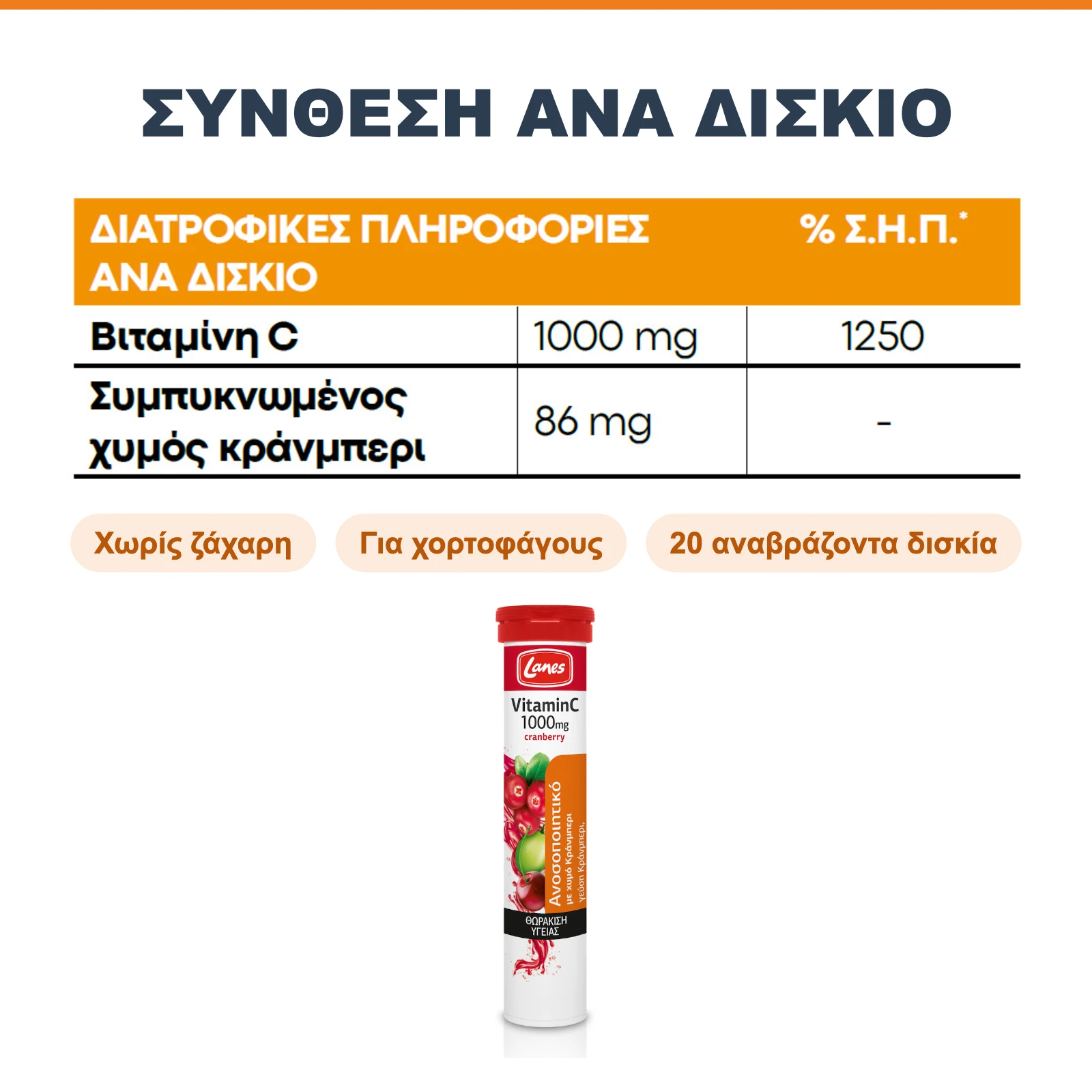 Lanes Vitamin C Cranberry – σύνθεση ανά δισκίο: 1000 mg βιταμίνη C και 86 mg συμπυκνωμένος χυμός κράνμπερι