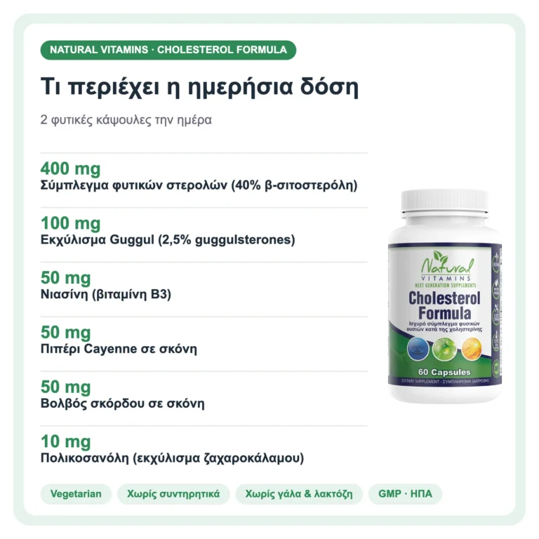 Natural Vitamins Cholesterol Formula με Φυτοστερόλες, Guggul & Νιασίνη 60 φυτικές κάψουλες – συστατικά ανά ημερήσια δόση
