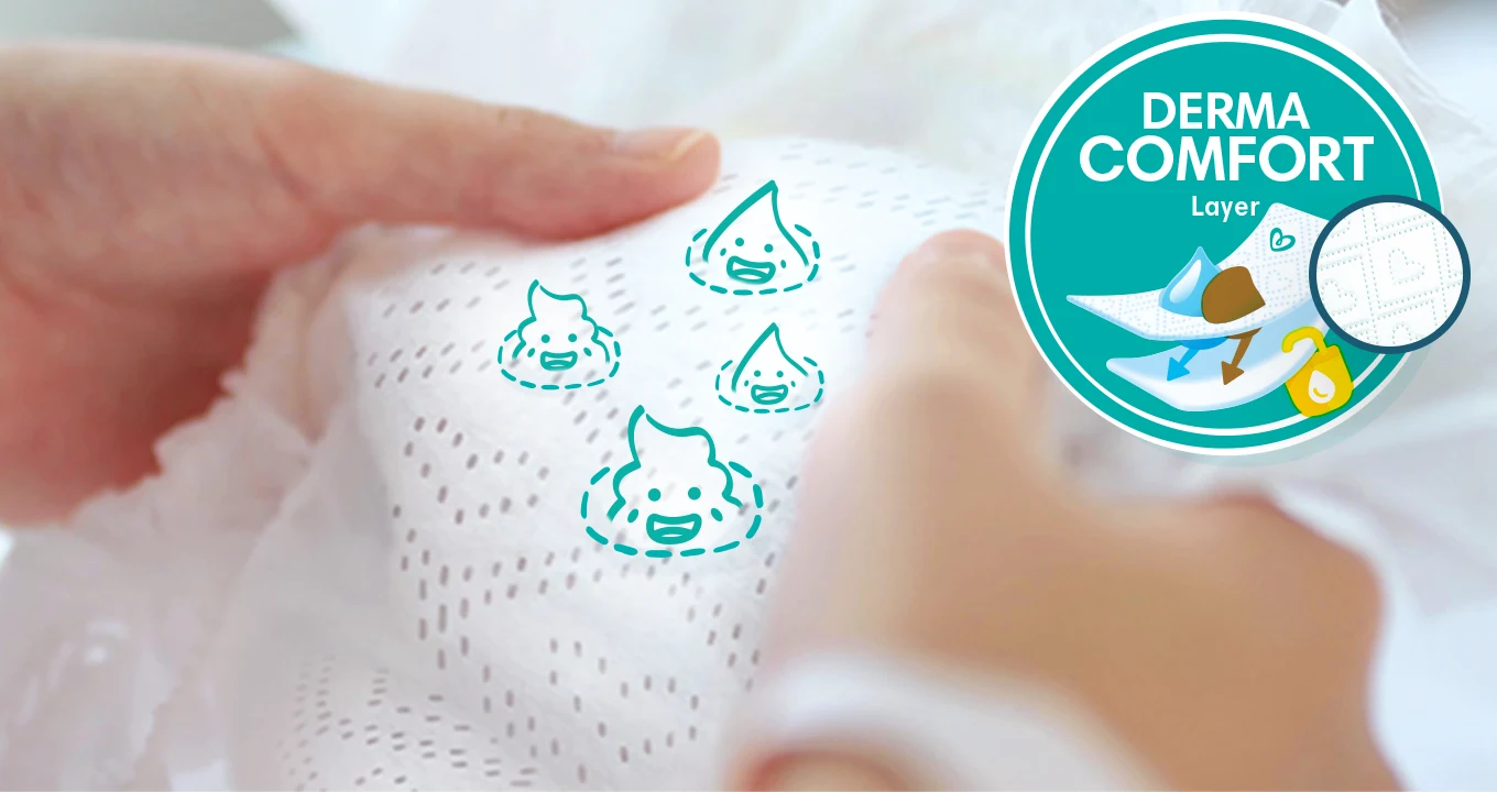 Pampers Premium Care – Κάλυμμα DermaComfort: απαλό και στεγνό δερματάκι.