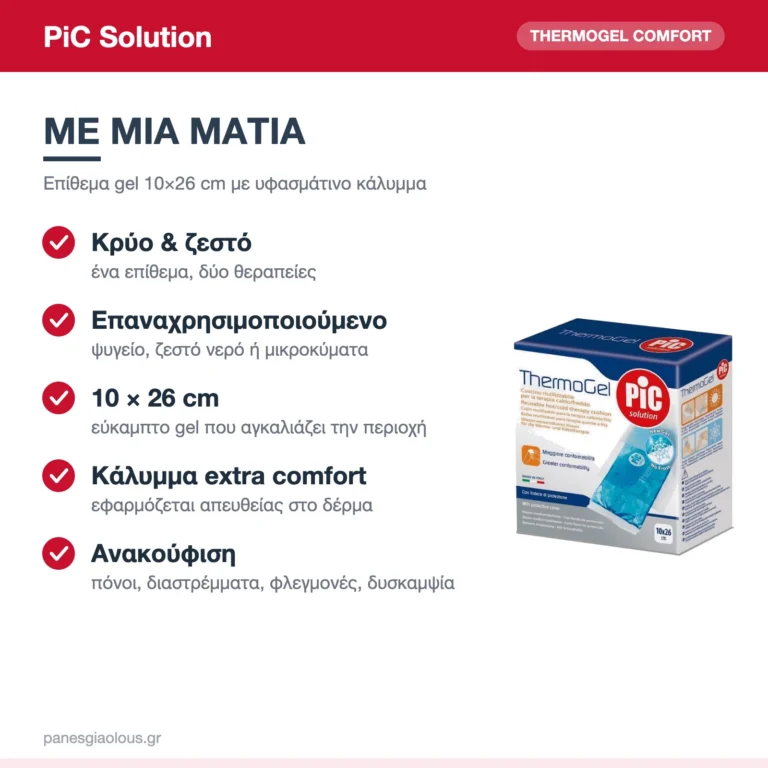 PiC Solution Thermogel Comfort Επίθεμα Gel Κρυοθεραπείας & Θερμοθεραπείας με Κάλυμμα 10×26cm – με μια ματιά