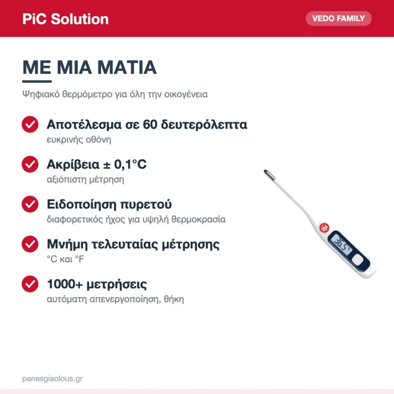 PiC Solution Vedo Family Ψηφιακό Θερμόμετρο Μασχάλης 60″ για Μωρά & Ενήλικες – με μια ματιά